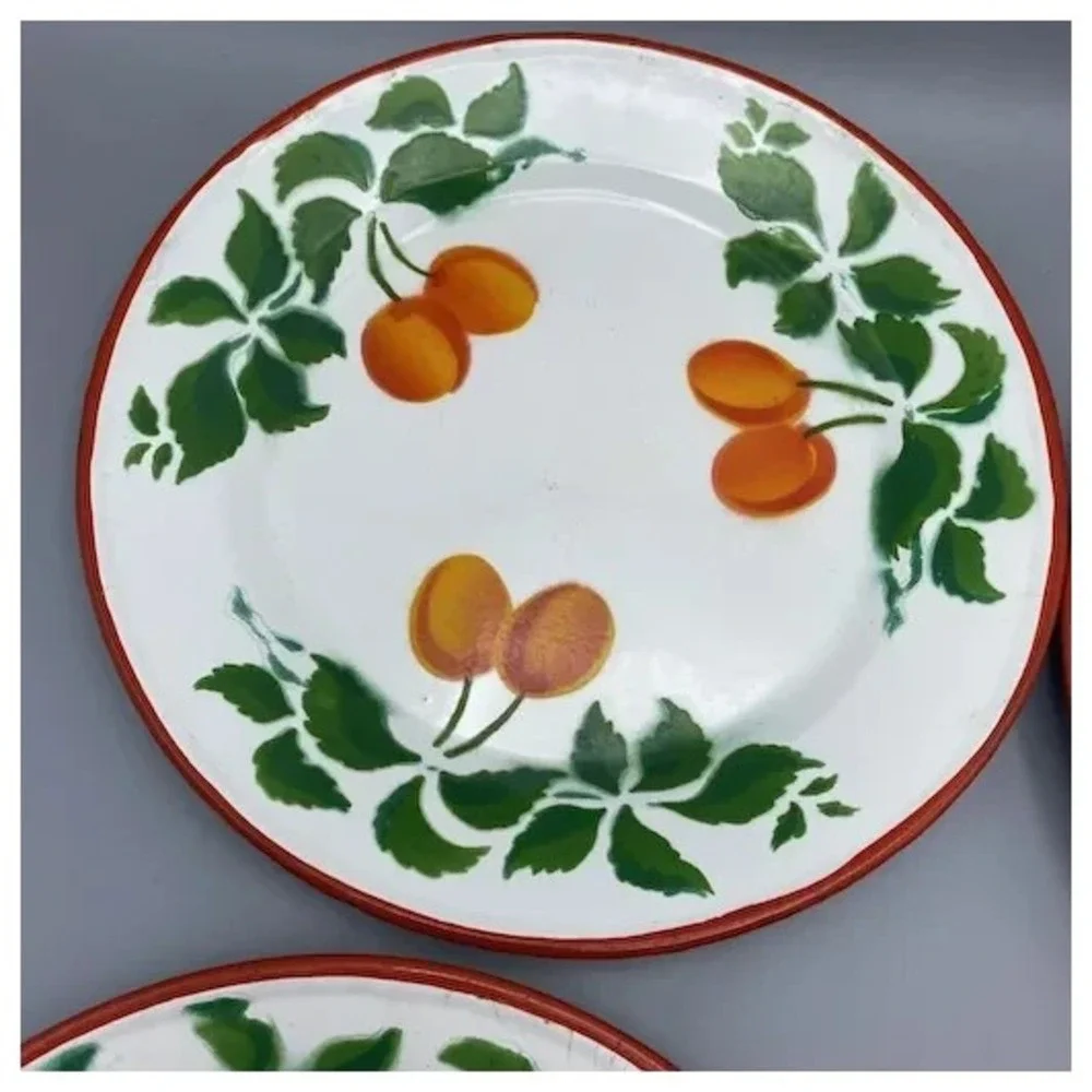 Distressed Vintage Huta Silesia Plates Poland Enamelware Fruit 4pcs